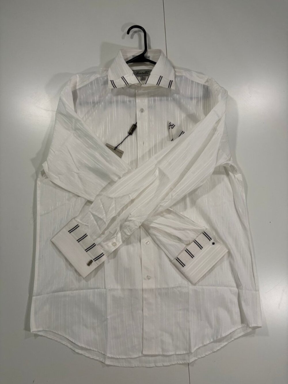 Fratello French Cuff Dress Shirt White Black Trim Textured Self-Stripe NWT 16.5 - Picture 3 of 9